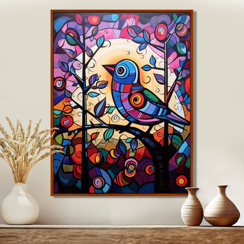 Vitrail oiseau chantant sur une branche Pop Art - impression d'art mural oiseau, Cadre flottant brun