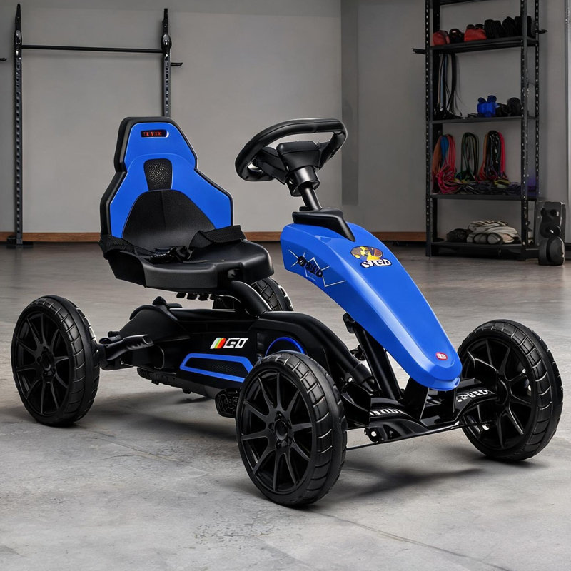 Kart à pédales avec siège réglable et roues amortissantes, finition bleue