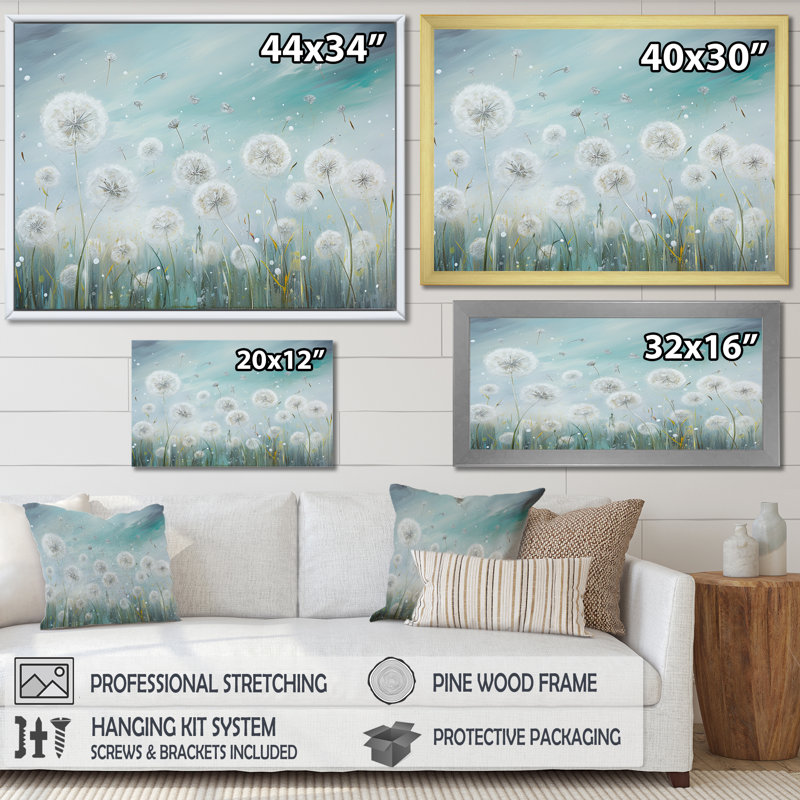 «Dandelion Field Breeze III», art mural sur toile Flower Field, H 34 po x l 44 po x P 1,5 po, Encadrement argenté
