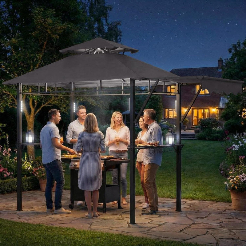 8x5 ft Double-Tier Grill Gazebo with Side Awning Shelf, 4 LED Lights, 10 Hooks & Bottle Opener, Heavy Duty Steel Frame for Patio, Backyard, Garden, Picnic