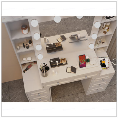Vanity Desk with with Mirror and Lights,Makeup Vanity Table wwith Lighted Mirror & Charging Station, Vanity Desk Dresser