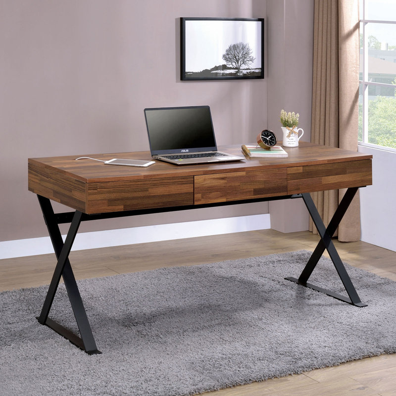 Bureau d'ordinateur industriel avec trois tiroirs de rangement USB et prise de courant, pieds X-Cross noirs