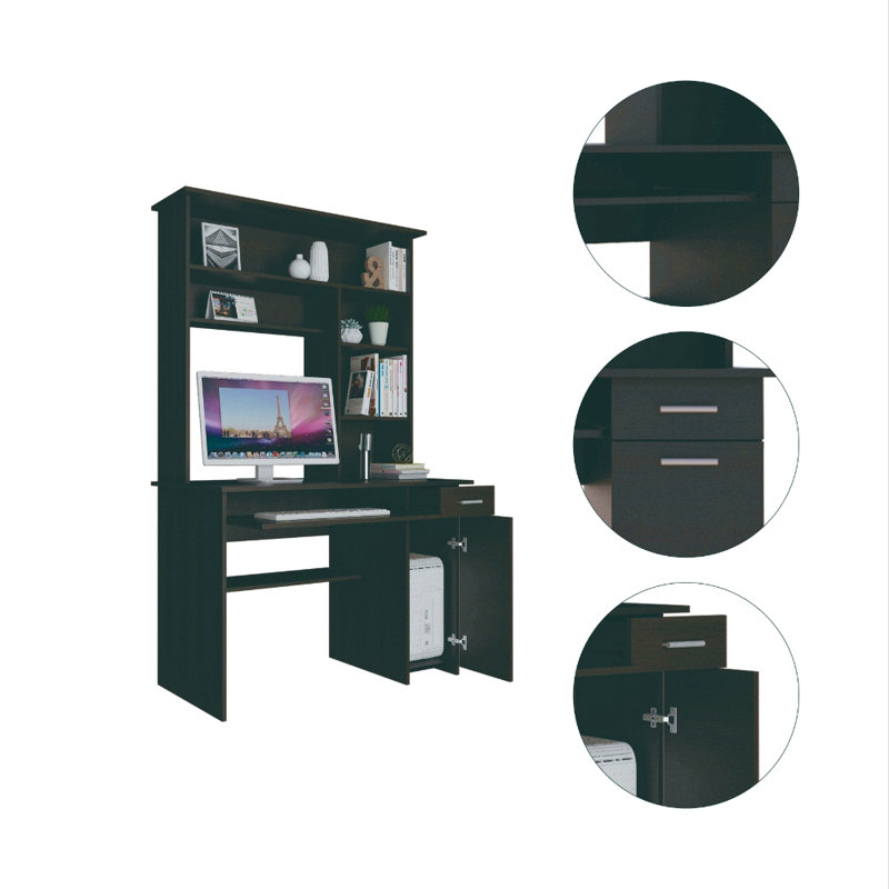 Compu 180 Hutch Desk, Multiple Shelves, Retractable Keyboard Tray, Cpu Door Panel, One Drawer, Black