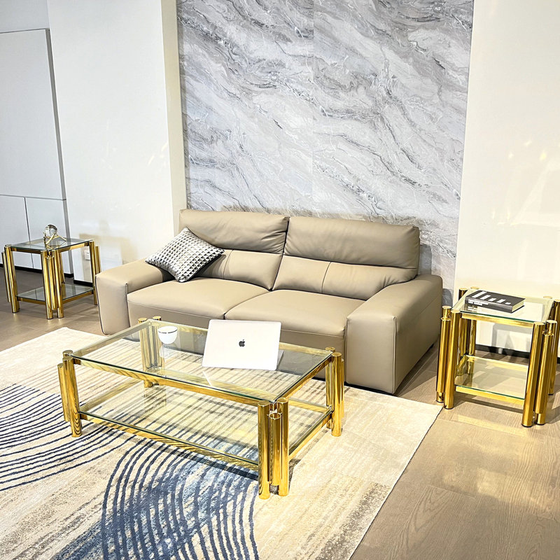 Table basse en verre trempé transparent à double couche en or - Mobilier moderne de style maison et bureau