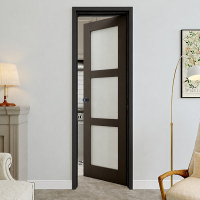 Porte prémontée noire à 3 vantaux (61 x 203 cm) avec chambranle noir, intérieur en verre dépoli et charnières noires, vitrage opaque, âme pleine insonorisée et étanche, idéale pour buanderie, placard ou chambre à coucher, ouverture à droite.