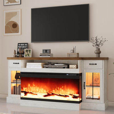 Meuble télé avec portes en verre, foyer électrique avec foyer électrique 40 po pour téléviseur de 80 po, centre de divertissement 70 po avec armoires de rangement réglables, lumières DEL, meubles télé pour le salon