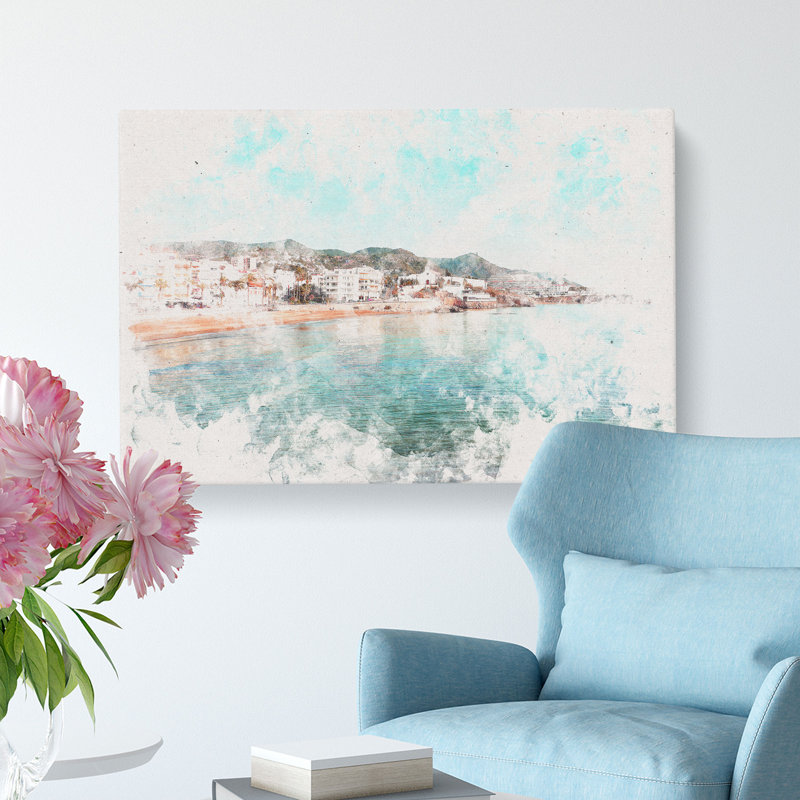 Shoreline of Sitges in Spain Watercolour - Wrapped Canvas, 60cm H x 91cm W x 3cm D