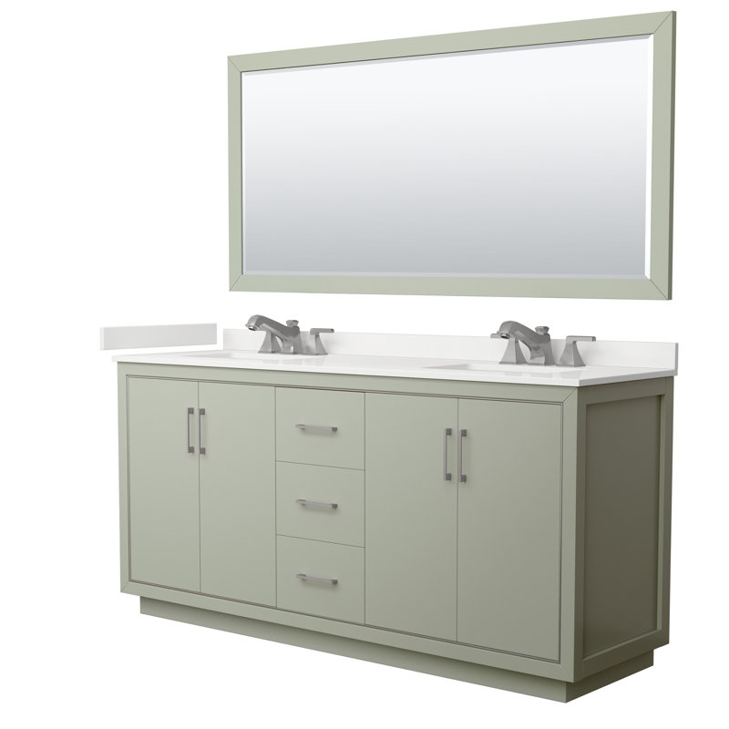 72 in. Double Vanity with Mirror, White Quartz, Light Green, Brushed Nickel
