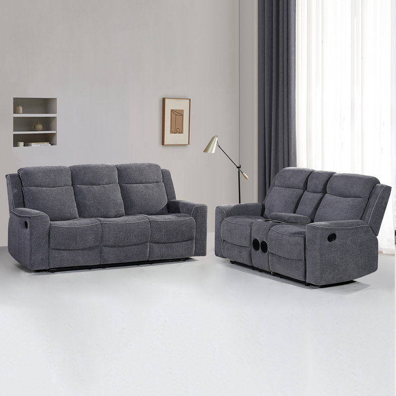 2 Piece  Soft Microfiber Manual Reclining Sofa Set, Sofa w/Dropdown Table, Loveseat with Bluetooth Speaker and Type-C Charger Charcoal Gray