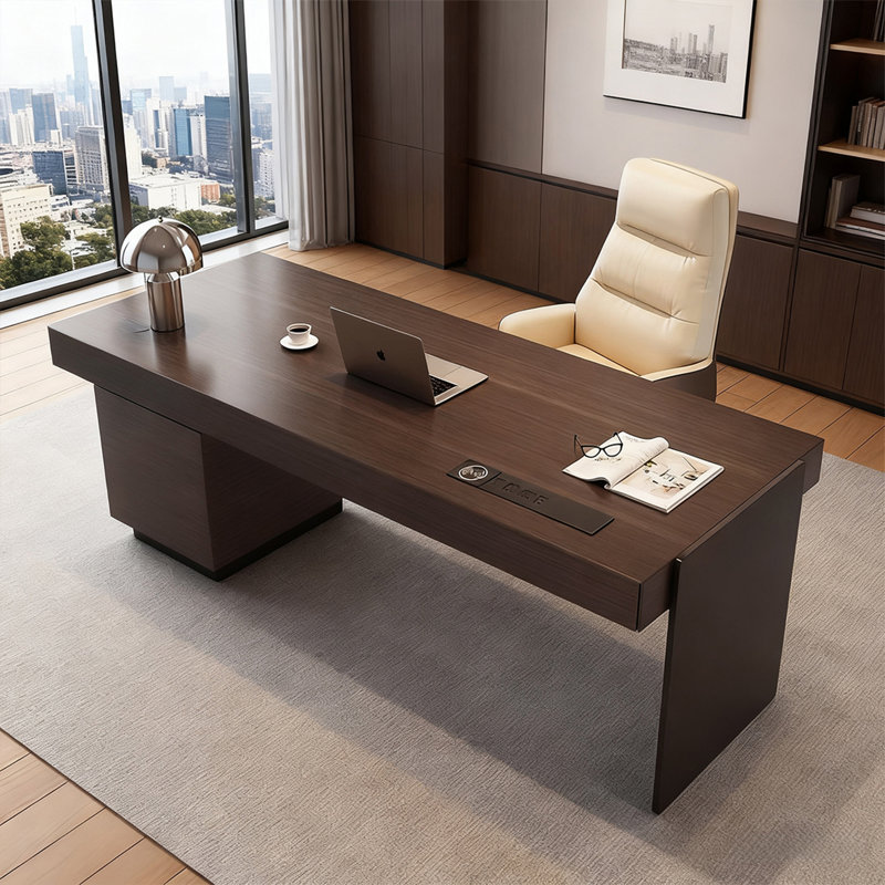 Light Luxury Modern Brown Home Office Desk with Spacious Drawers and Storage Cabinet, 29.53" H x 78.74" W x 27.56" D