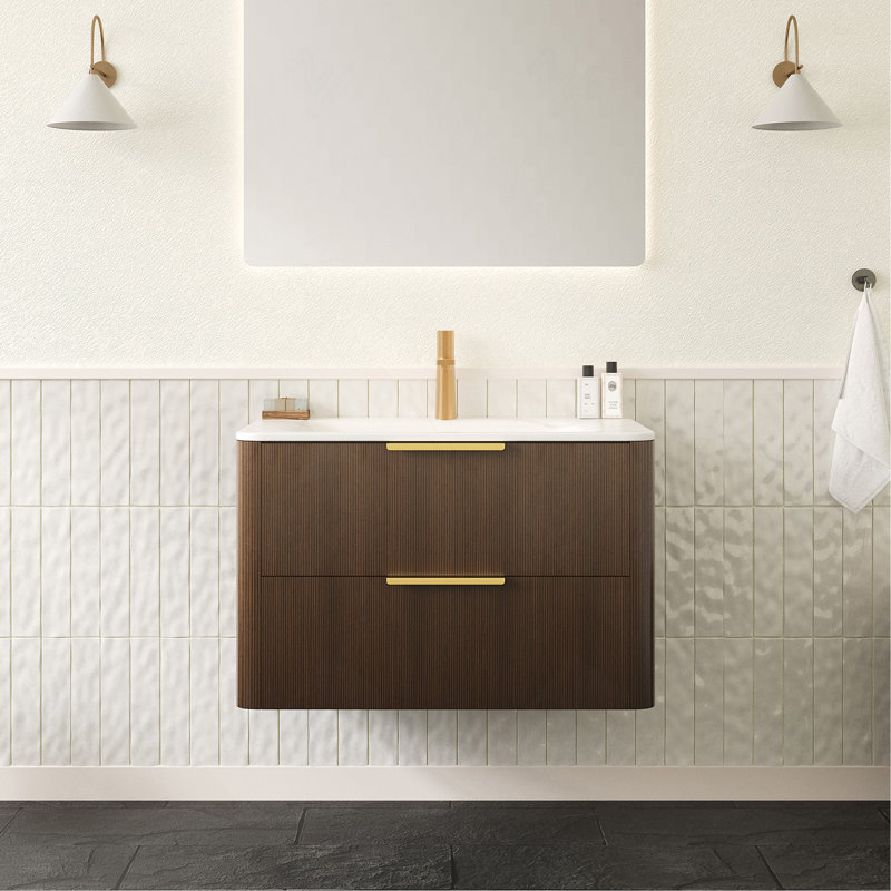 Meuble-lavabo 30 avec lavabo, armoire de rangement flottante en contreplaqué ultra rayé avec tiroirs, lavabo intégré en pierre frittée blanche, grain de bois pré-assemblé