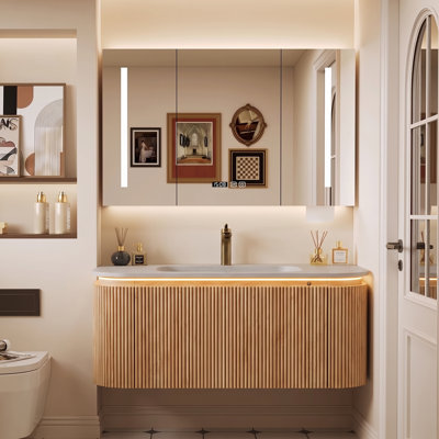 Lavabo de salle de bain 36 pouces à grain de bois naturel avec tiroirs à capteur de lumière à texture de travertin fritté intégré pré-assemblé