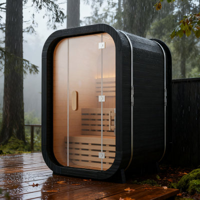 Sauna vapeur panoramique cubique intérieur/extérieur pour 2 personnes, sauna traditionnel en bois de pin, poêle de sauna de 4,5 kW, pierres, éclairage, revêtement en bardeau d'asphalte, spa relaxant, 0-195 °F