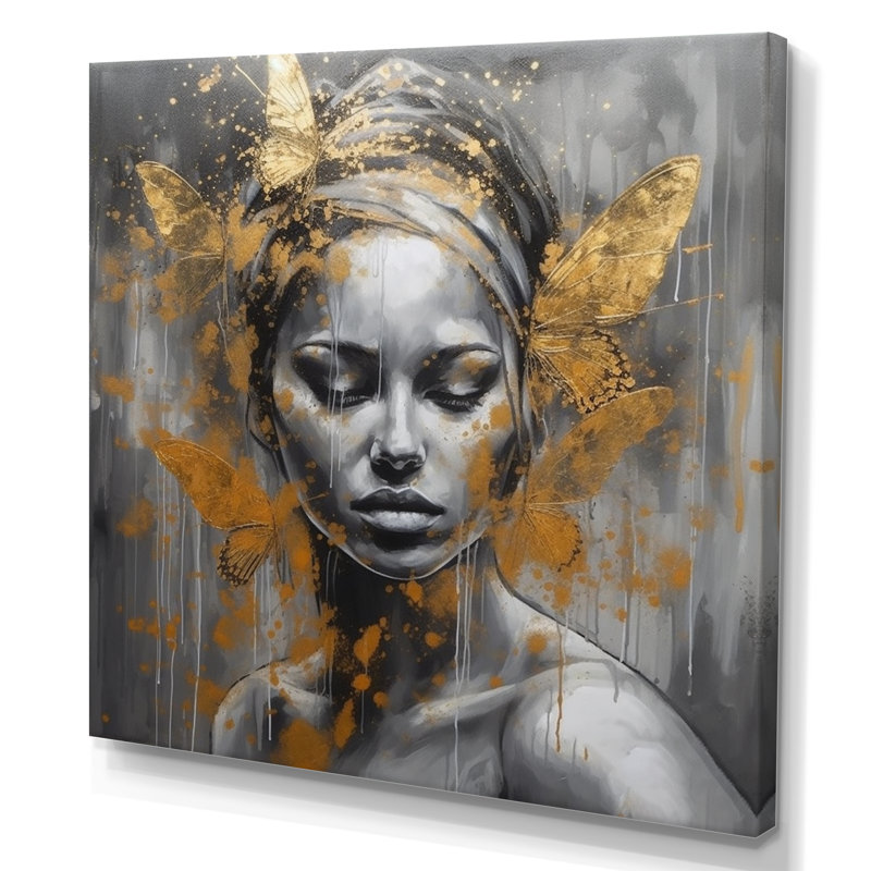 Flying Butterflys in Gold - Impression sur toile tendue, H 16 po x l 16 po x P 1 po