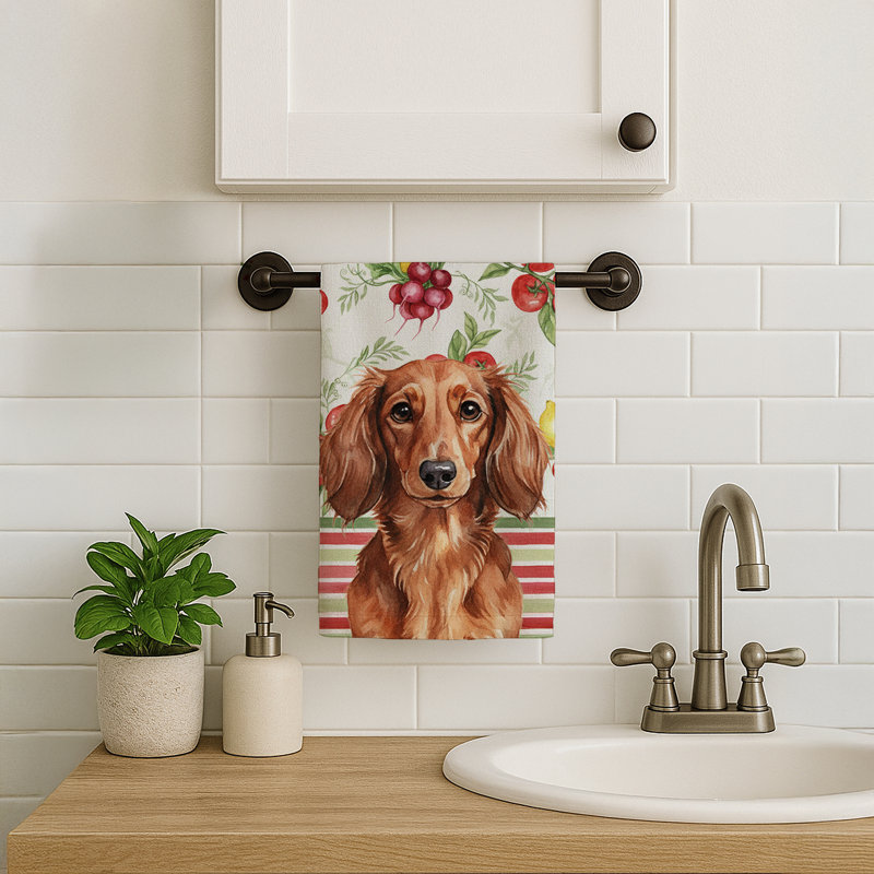Longhaired Red Dachshund Vegetables Kitchen Towel, Longhaired Red Dachshund