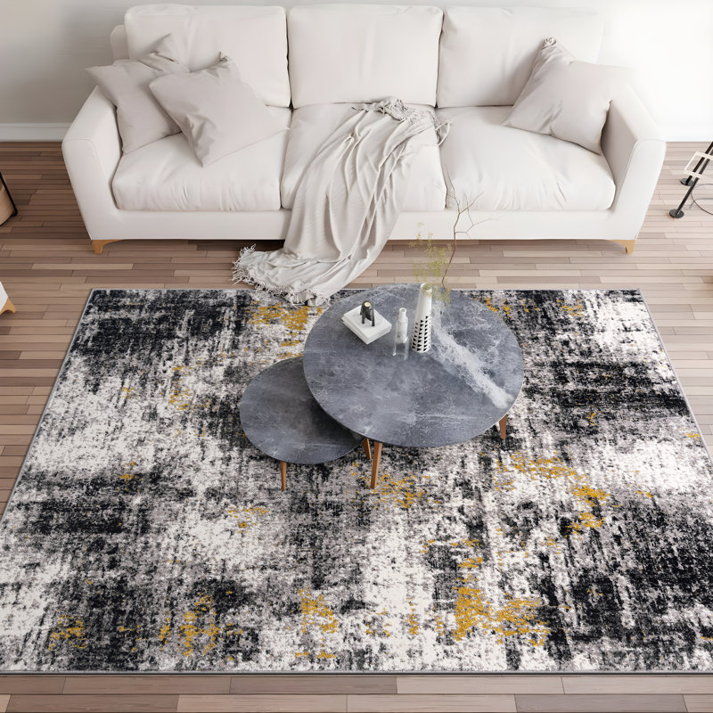 Abstract Yellow/Black/Gray Area Rug, Rectangle 5' x 7'