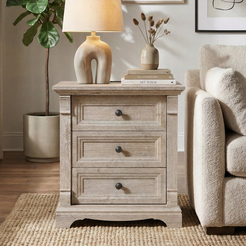 24" Farmhouse Nightstand With Charging Station With 3 Drawers Storage, Wood Side Table,End Table, Light Rustic Oak