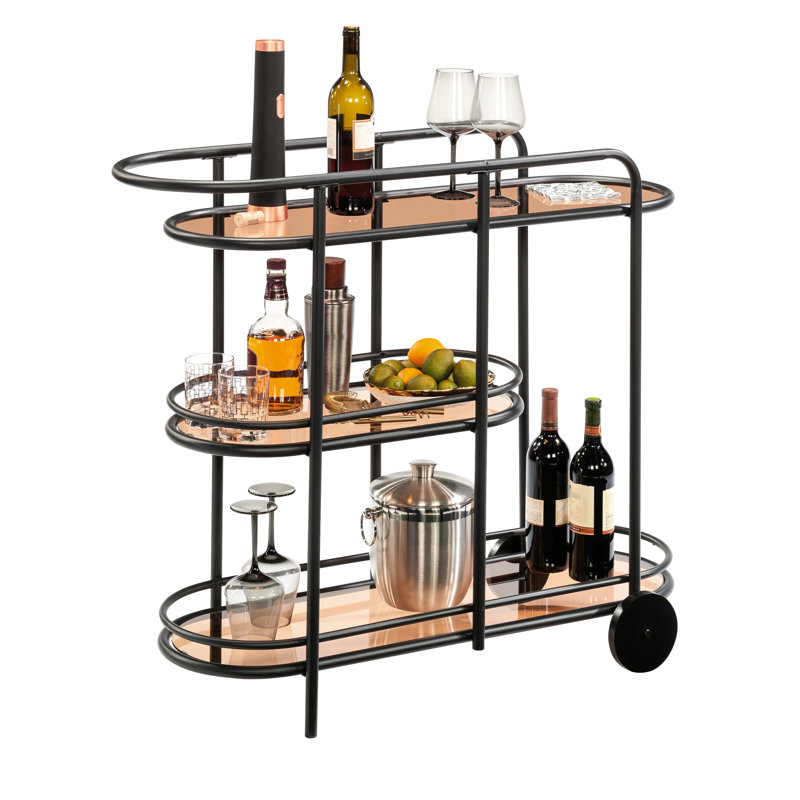 Chariot-bar noir élégant et moderne pour le divertissement, tablettes en verre polyvalentes, structure en métal, assemblage rapide, petits espaces idéaux, espaces limités