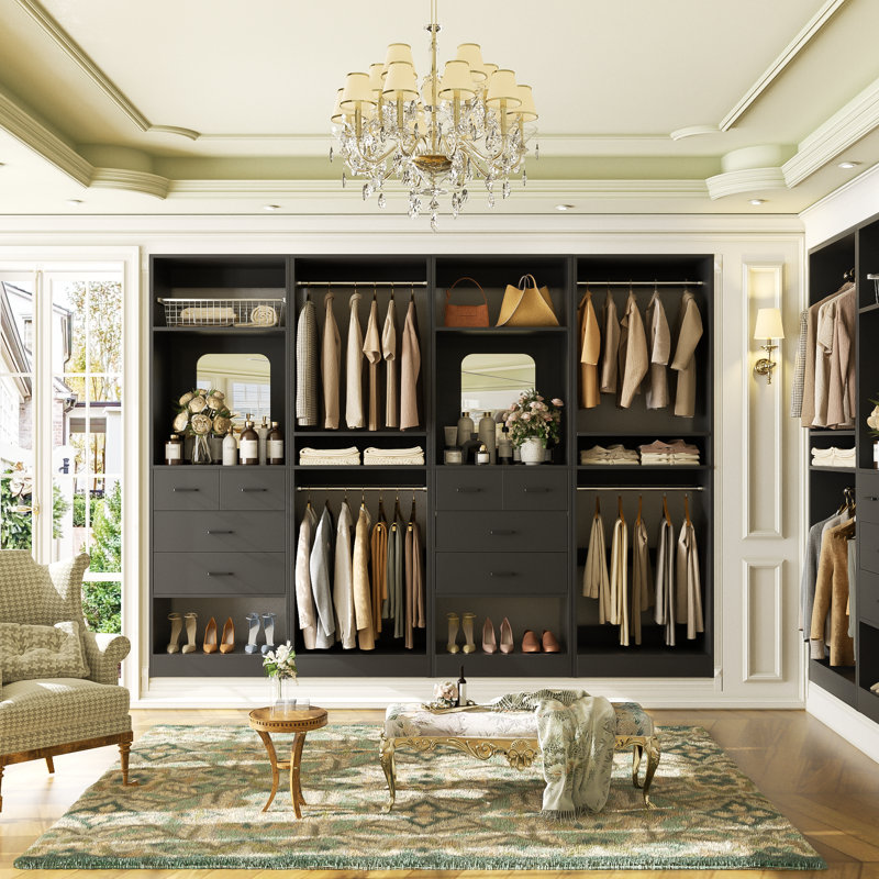 100" Closet System with Drawers, Closet Organizer with Hanging Rods and Mirror Design, Black