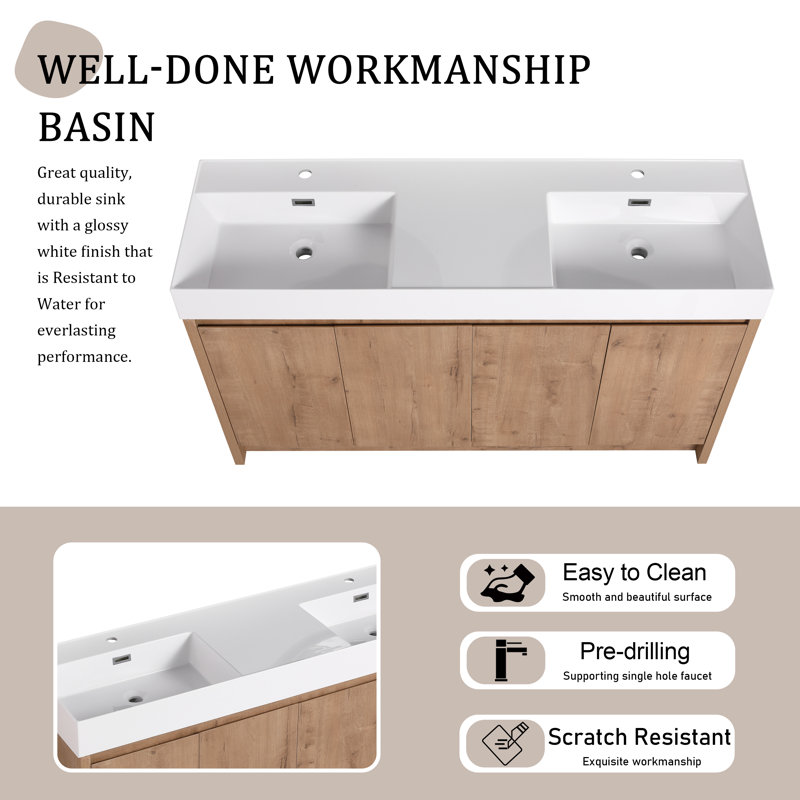 Mirrun 59.57 " W Freestanding Standard 2 Double Vanity Bathroom Vanity With Resin Top