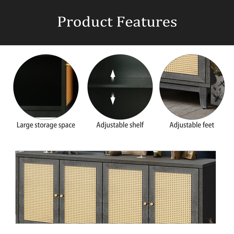 Panneaux de grain de qualité supérieure fabriqués à la main, armoire-buffet en rotin, armoire de rangement décorative avec 4 portes en rotin, armoire de rangement moderne avec tablettes réglables pour le salon