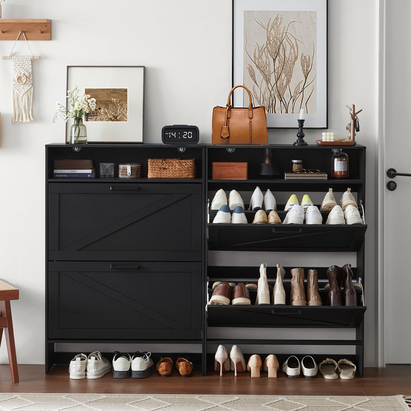 Shoe Storage Cabinet With 2 Flip Drawers,Farmhouse Narrow Shoe Organizer With Legs,Freestanding Hidden Slim Shoe Rack Cabinet With Open Storage For Entryway,Hallway, Foyer