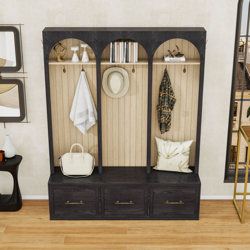 Three Drawers Hall Tree with Bench and Hooks, Black