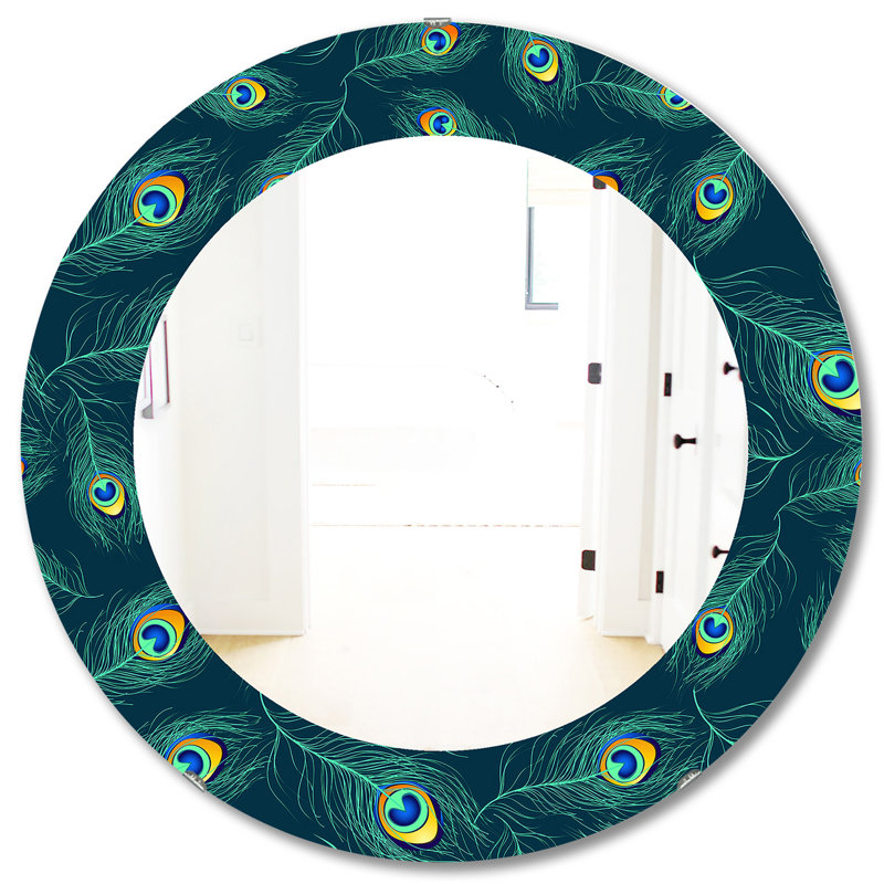 Miroir mural à motif de plumes de paon, imprimé ovale / rond moderne - Motif de plumes de paon, H 31,5 po x l po
