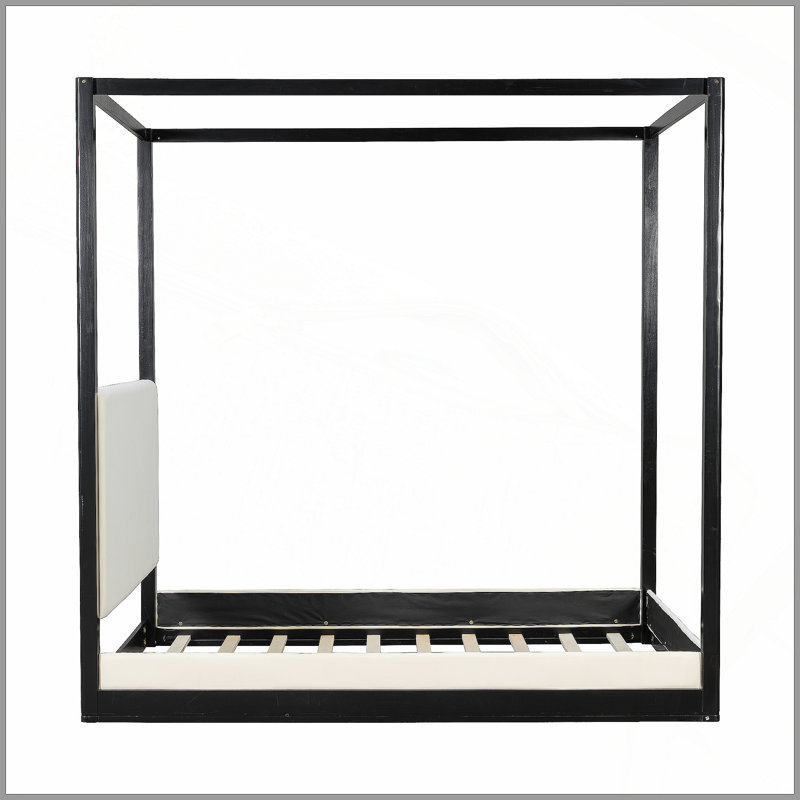 Lit plateforme à baldaquin en bois grand avec tête de lit tapissier, structure noire et tissu blanc