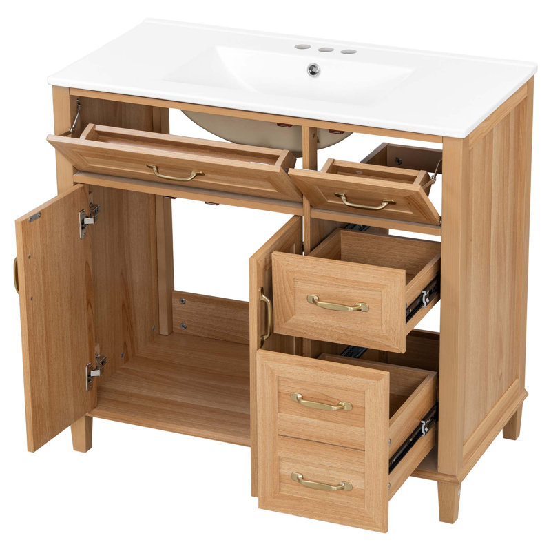 Meuble-lavabo 36 po avec lavabo en céramique, meuble-lavabo moderne en grain de bois naturel, pieds en bois d'hévéa massif, portes doubles à fermeture douce et 4 tiroirs, couleur bois naturel