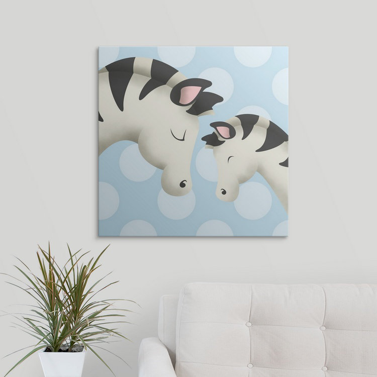 «Zebra Mommy and Baby on Blue», reproduction d'art encadrée pour enfants, H 35 po x l 35 po x P 1,5 po, Bleu, Toile