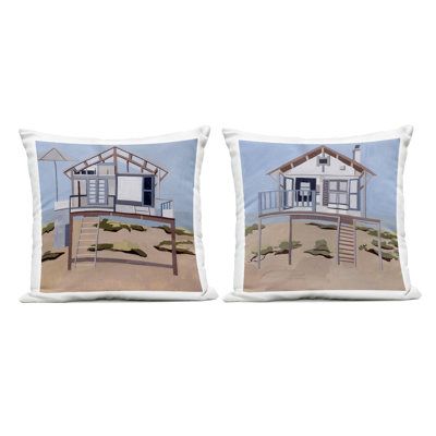 Ensemble de 2 coussins d'extérieur imprimés Silent Shore Beach Homes par Melissa Wang