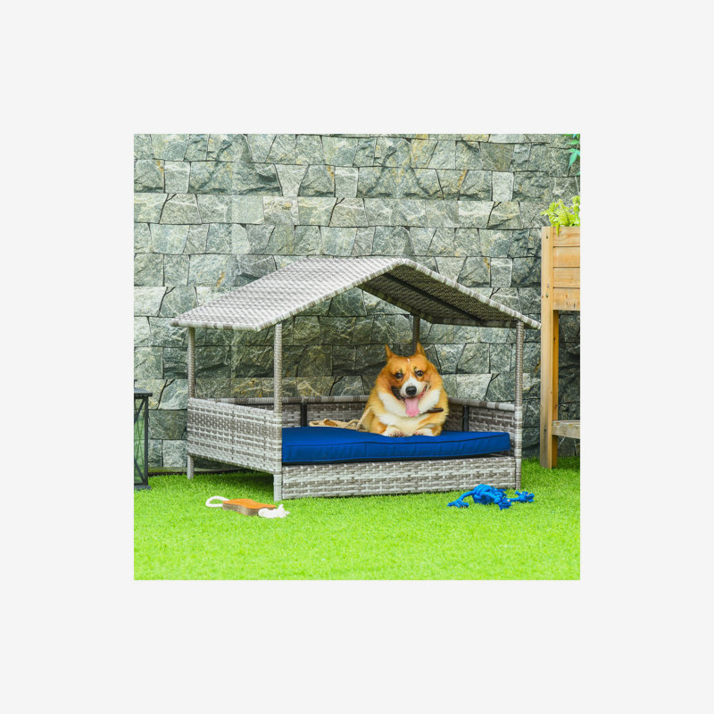 Gradient Gray Wicker Elevated Outdoor Dog House with Canopy and Blue Cushion