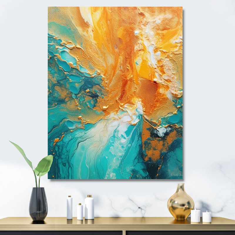 «Golden Ocean Waves Turquoise Abstract», reproduction d'art sur toile, Toile tendue, H 20 po x l 12 po x P 1 po