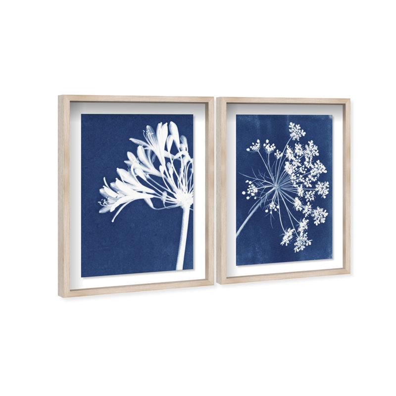 Cyan Flowers Set Shadowbox Floral & Botanical Print by Oliver Gal, Black Frame, 10 x 15, 25"H x 37"W, Natural Oak Shadowbox