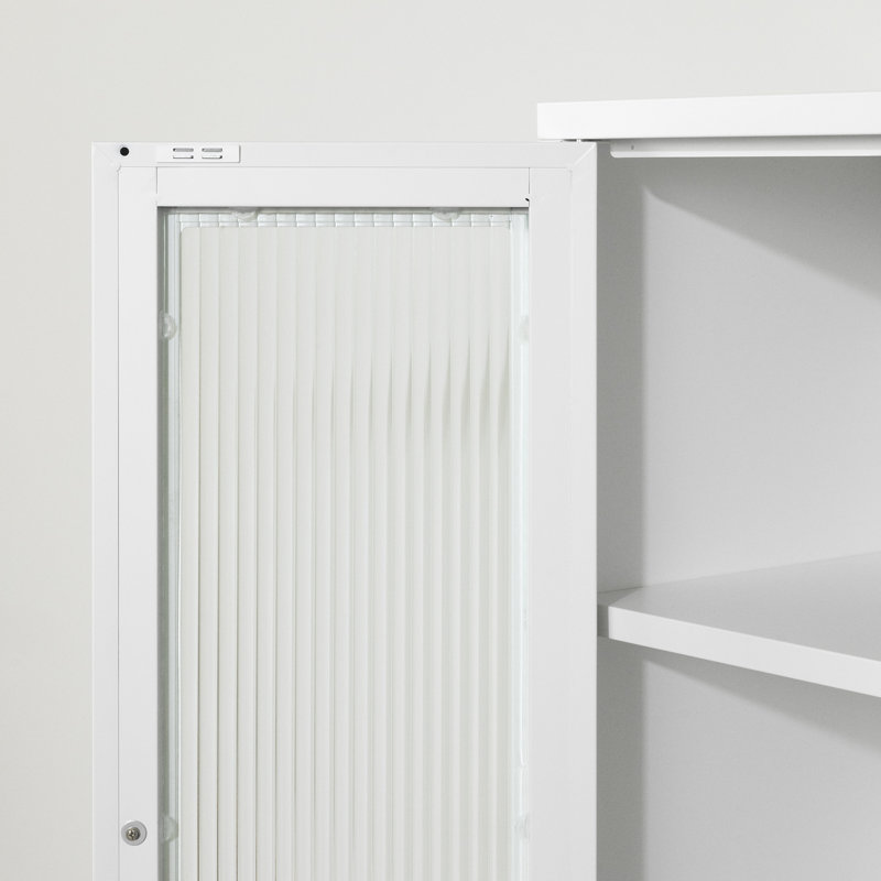 White Metal Storage Cabinet with Fluted Glass Doors