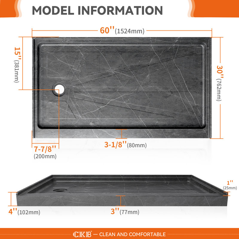 60" x 30" Single Threshold Alcove Shower Base with Left Drain, Integrated Flange and Low Profile Design, Left, Matte Gray