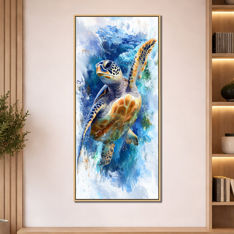 «Blue Green Turtle Ocean Texture II», reproduction d'art sur toile encadrée bleue, H 60 po x l 28 po, Cadre naturel flottant