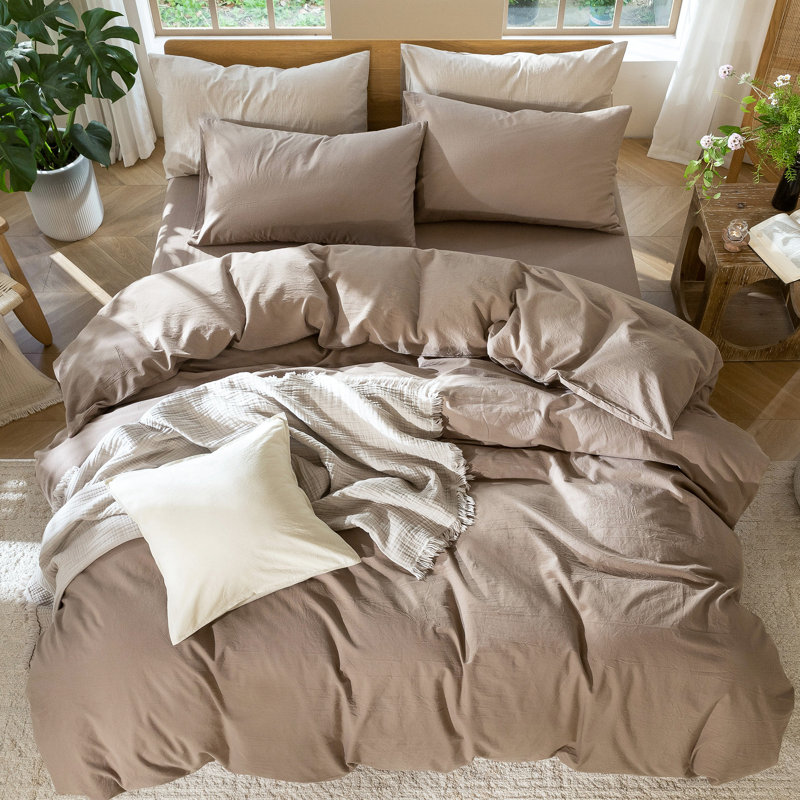 Ensemble de housse de couette 100% coton délavé MooMee, Housse de couette double + 2 taies d'oreiller stan, Brun