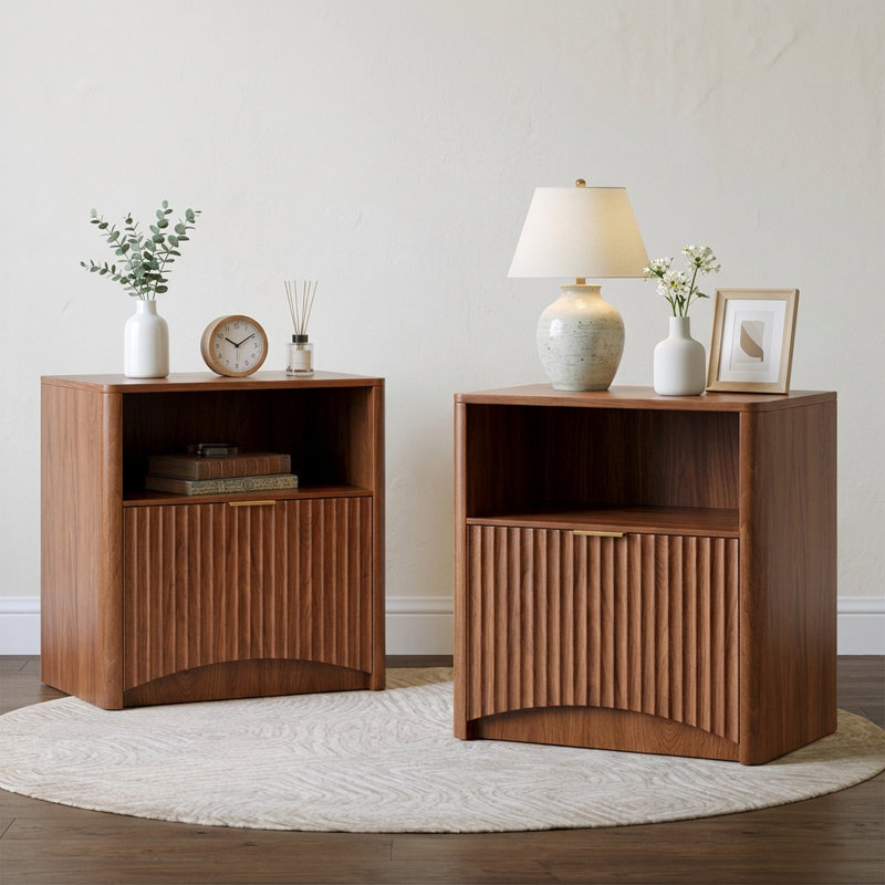 23'' Mid Century Modern Nightstand With Drawers, Wood Fluted Bedside Table With Storage(Set of 2), Set of 2, Walnut