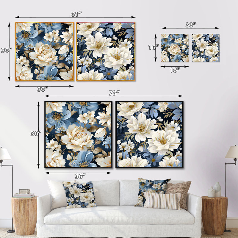 Daigre - Ensemble de 2 collages carrés floraux, Cadre flottant noir, H 30 po x l 61 po
