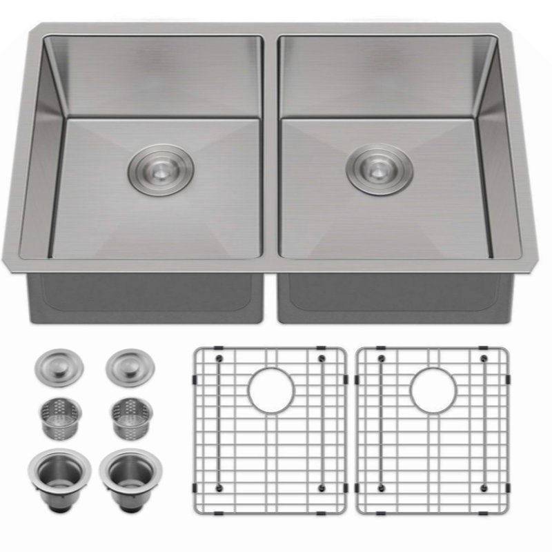 Évier de cuisine en acier inoxydable à double cuve 50/50 de calibre 16 avec grille d'évier L 32 po x l 19 po