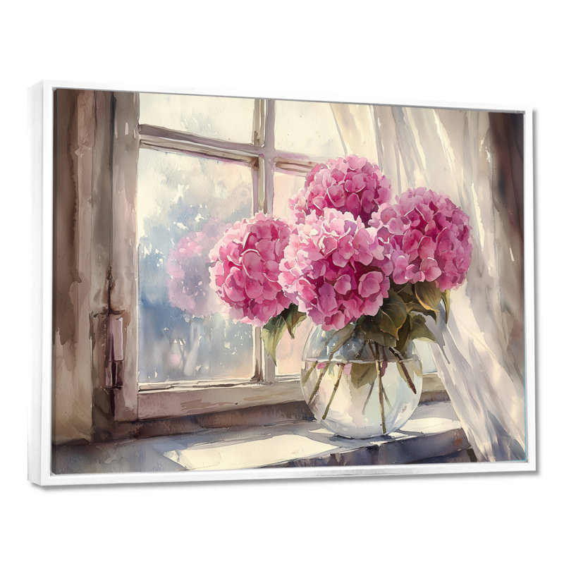 Dobias Hydrangea Bouquets By The Window I - Hydrangea Wall Art Decor, 34" H x 44" W, Floater Framed Print, White