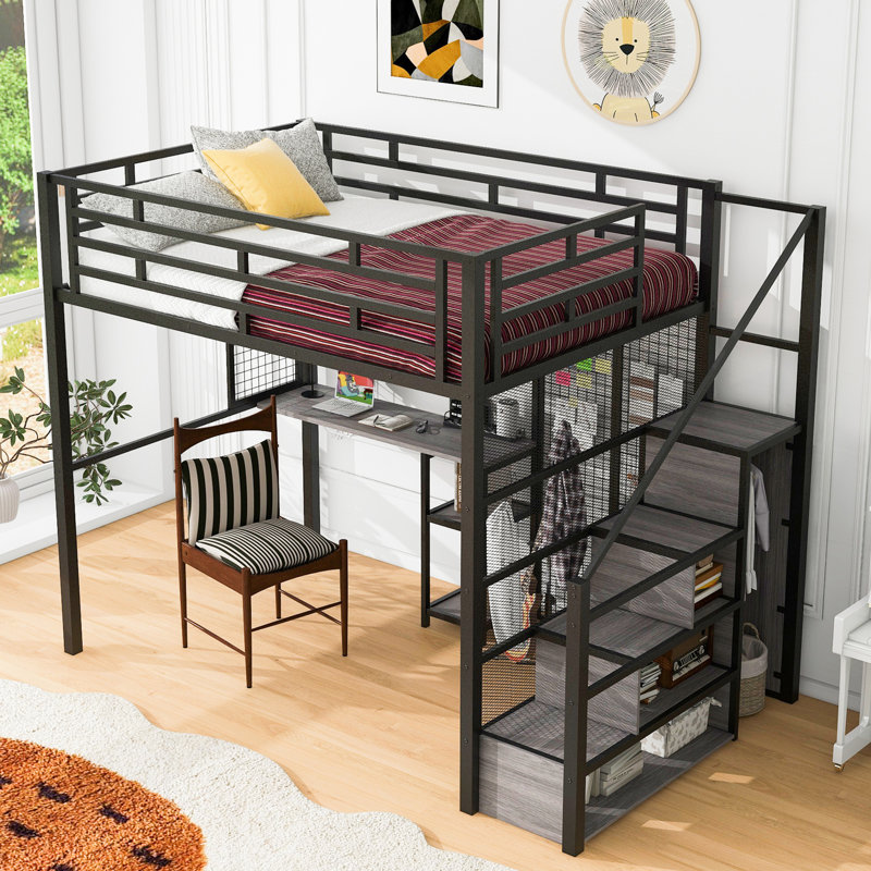 Lit mezzanine multifonctionnel en métal avec garde-robe, bureau et tablettes de rangement intégrés pour une utilisation optimale de l'espace et un confort optimal