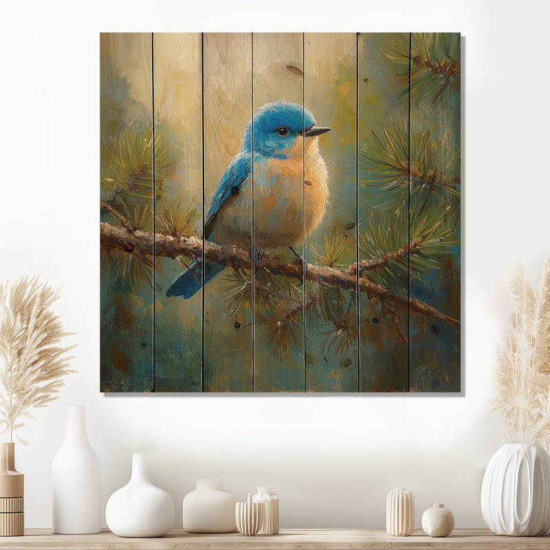 Cheery Bluebird In The Pines I - Bird Wood Print - On Natural Pine Wood, 25" H x 25" W x 0.78" D