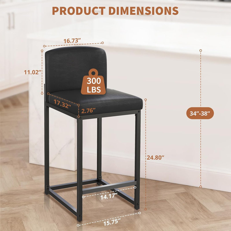 Modern Bar Stools Set of 2 – Black Faux Leather Upholstery, Comfort Backrest, Robust Metal Legs, Counter Height Chairs with Footrest for Kitchen Island, Dining Room