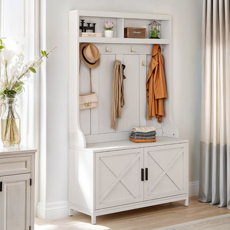 Husta Hall Tree 39.4'' Wide with Bench and Shoe Storage, White