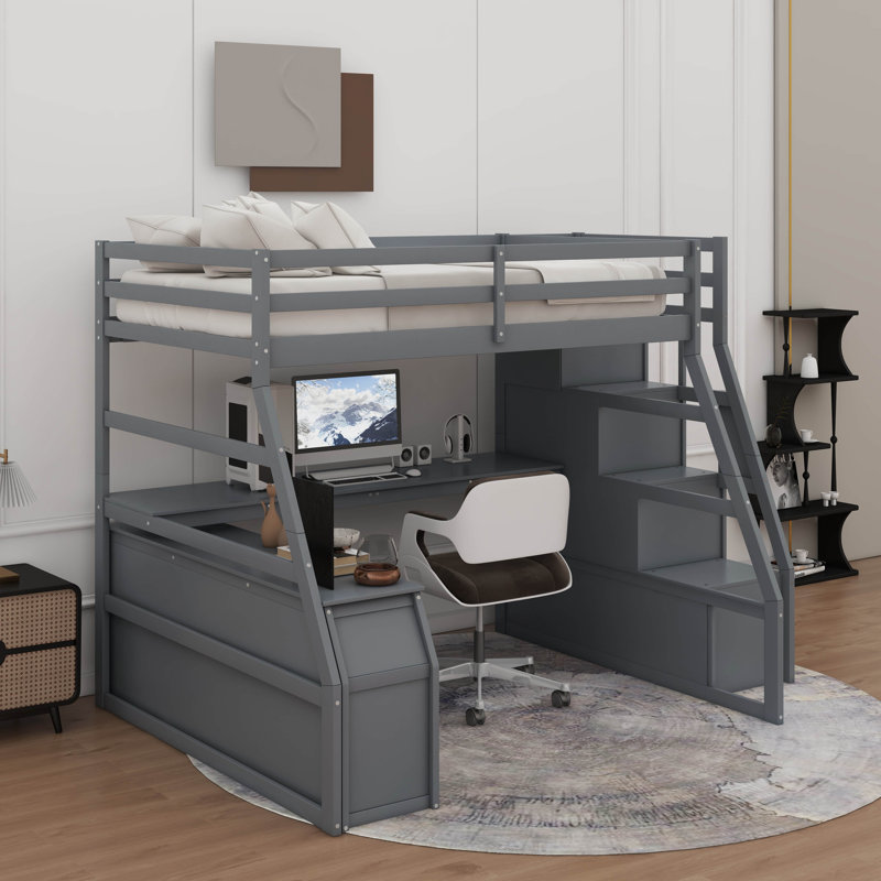 Lit mezzanine double avec tiroirs et bureau, Gris, Lit double