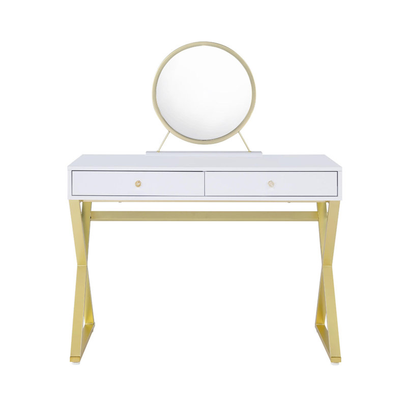 Bureau de coiffeuse rectangulaire avec miroir et plateau à bijoux, blanc et doré