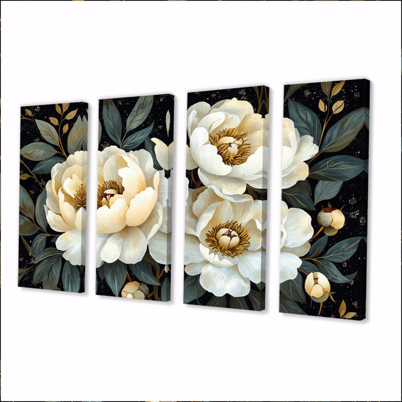 Noir noir blanc minuit Peonis I - art mural blanc - ensemble d'art mural traditionnel, H 28 po x l 48 po, 4